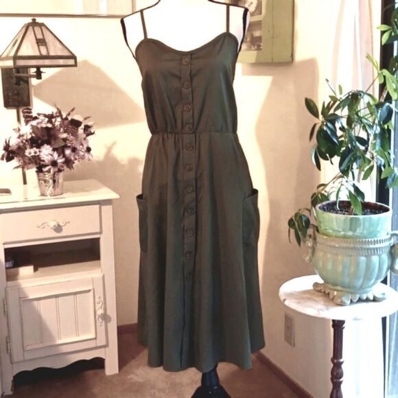 Olive Green Midi Slip Dress with Elastic Ruched Back. Coastal Cowgirl, Akubi - Picture 6 of 14